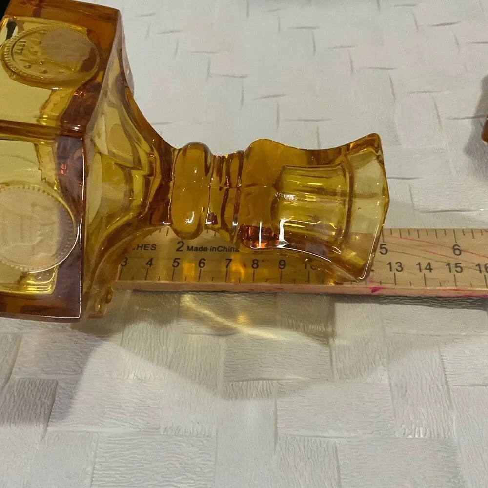 Set of 2 Vintage Amber Fostoria Coin Glass Candle Stick Holders 5” 4.5 INCH TALL